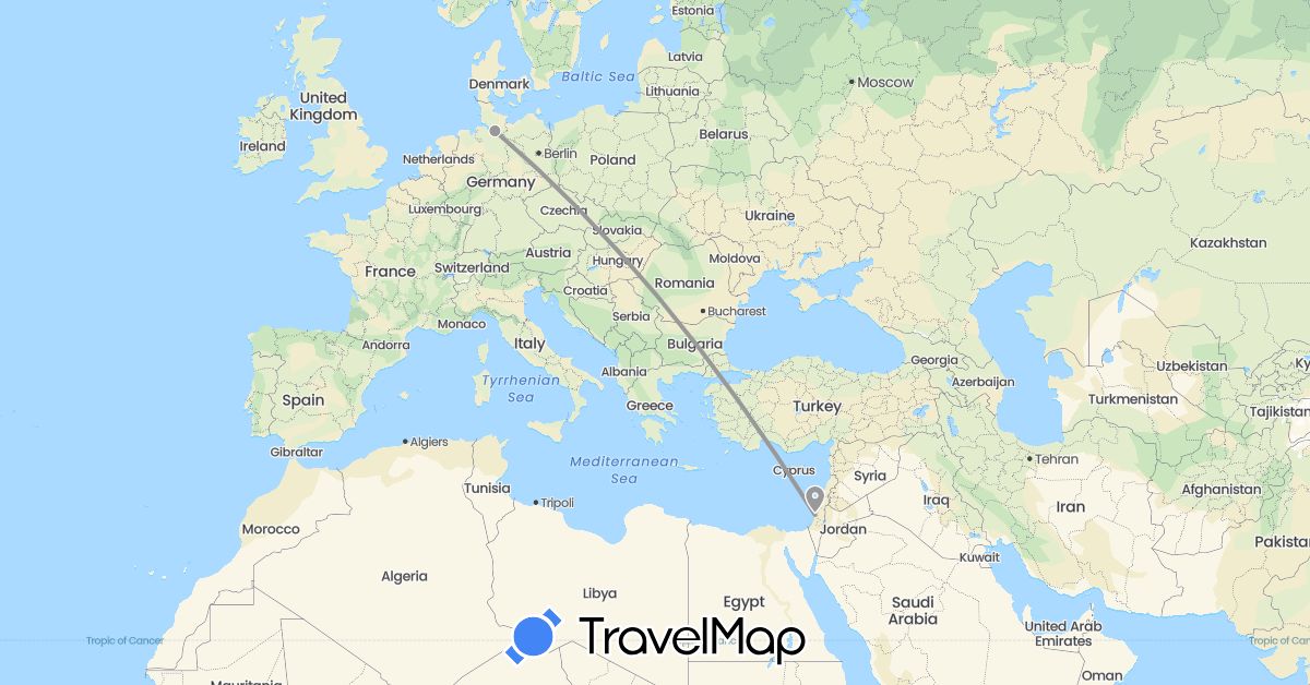 TravelMap itinerary: driving, plane in Germany, Israel (Asia, Europe)